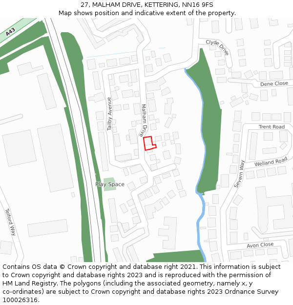 27, MALHAM DRIVE, KETTERING, NN16 9FS: Location map and indicative extent of plot