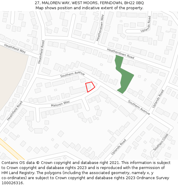 27, MALOREN WAY, WEST MOORS, FERNDOWN, BH22 0BQ: Location map and indicative extent of plot