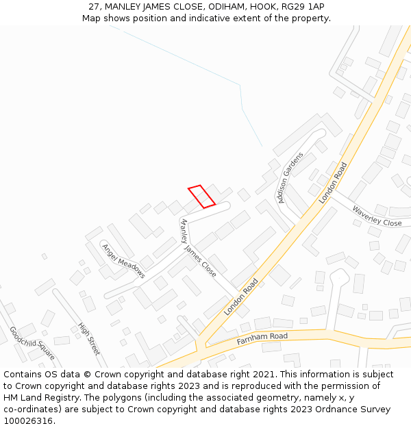 27, MANLEY JAMES CLOSE, ODIHAM, HOOK, RG29 1AP: Location map and indicative extent of plot