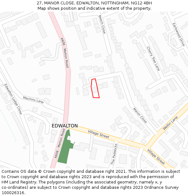 27, MANOR CLOSE, EDWALTON, NOTTINGHAM, NG12 4BH: Location map and indicative extent of plot