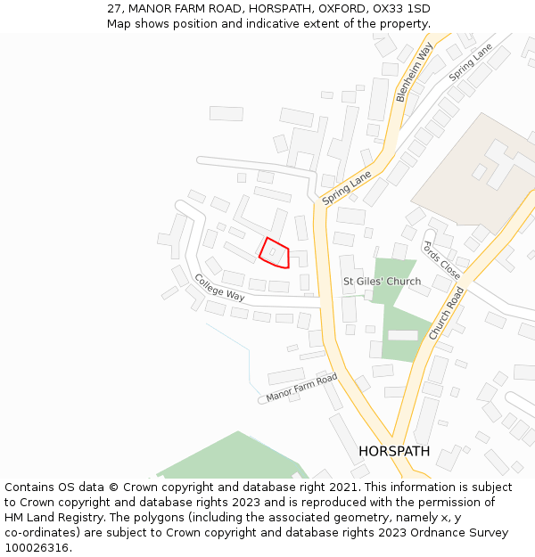 27, MANOR FARM ROAD, HORSPATH, OXFORD, OX33 1SD: Location map and indicative extent of plot