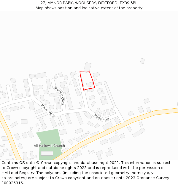 27, MANOR PARK, WOOLSERY, BIDEFORD, EX39 5RH: Location map and indicative extent of plot