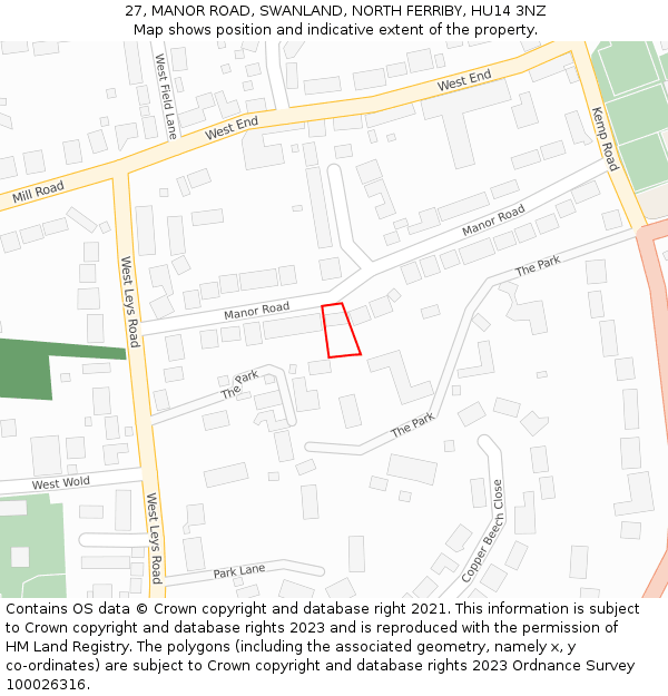 27, MANOR ROAD, SWANLAND, NORTH FERRIBY, HU14 3NZ: Location map and indicative extent of plot