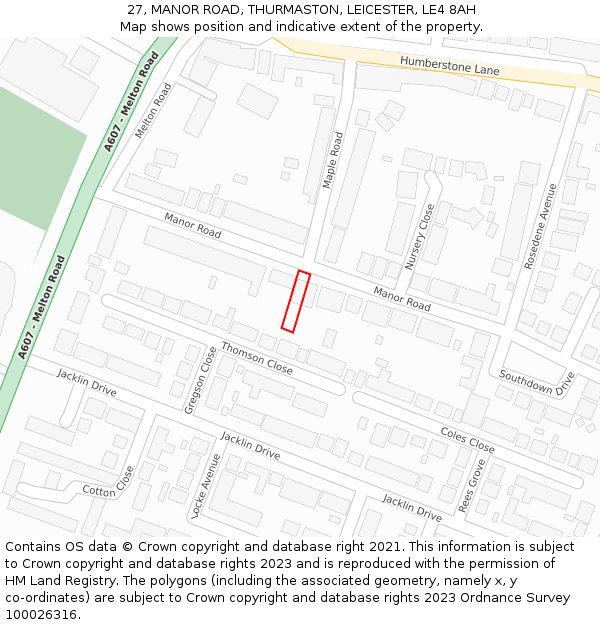 27, MANOR ROAD, THURMASTON, LEICESTER, LE4 8AH: Location map and indicative extent of plot