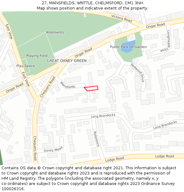 27, MANSFIELDS, WRITTLE, CHELMSFORD, CM1 3NH: Location map and indicative extent of plot