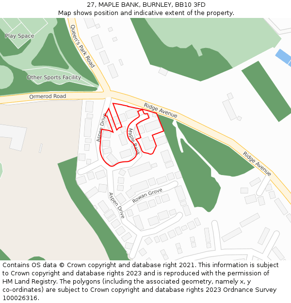 27, MAPLE BANK, BURNLEY, BB10 3FD: Location map and indicative extent of plot