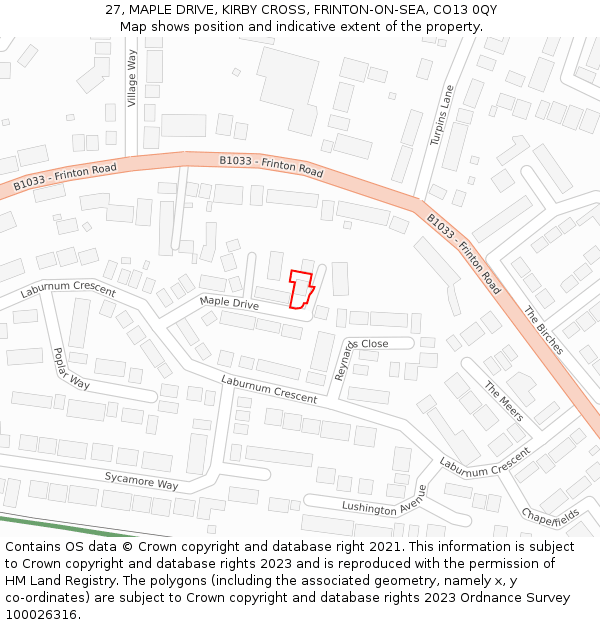 27, MAPLE DRIVE, KIRBY CROSS, FRINTON-ON-SEA, CO13 0QY: Location map and indicative extent of plot