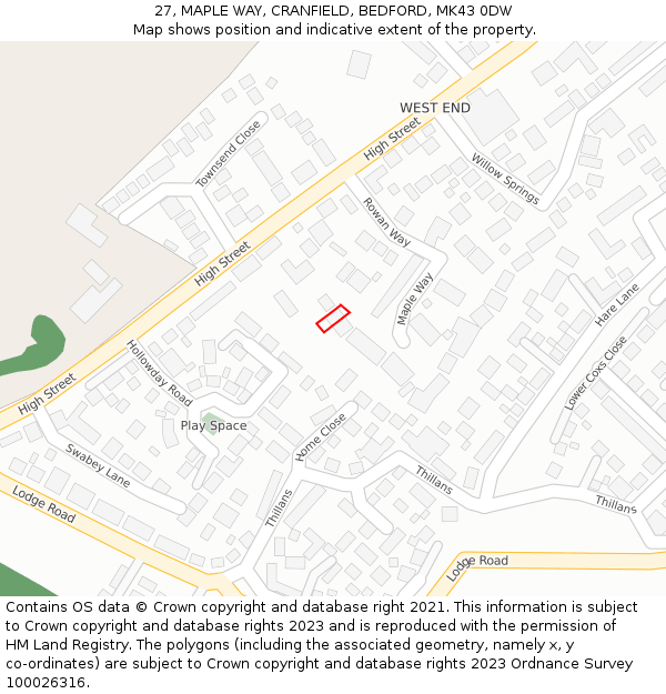 27, MAPLE WAY, CRANFIELD, BEDFORD, MK43 0DW: Location map and indicative extent of plot
