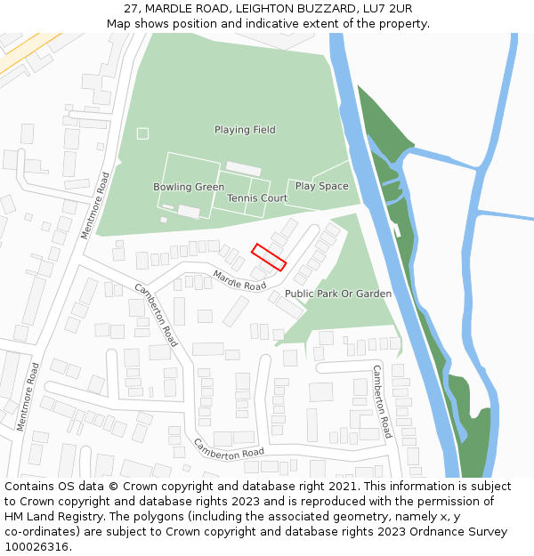 27, MARDLE ROAD, LEIGHTON BUZZARD, LU7 2UR: Location map and indicative extent of plot