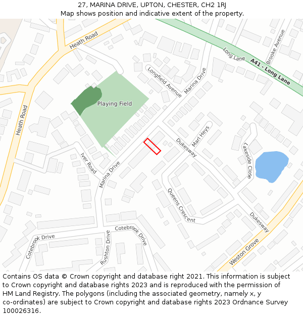 27, MARINA DRIVE, UPTON, CHESTER, CH2 1RJ: Location map and indicative extent of plot