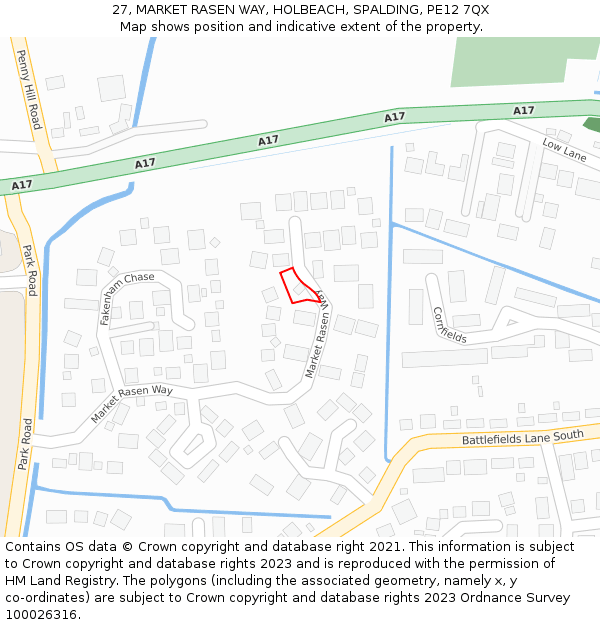 27, MARKET RASEN WAY, HOLBEACH, SPALDING, PE12 7QX: Location map and indicative extent of plot