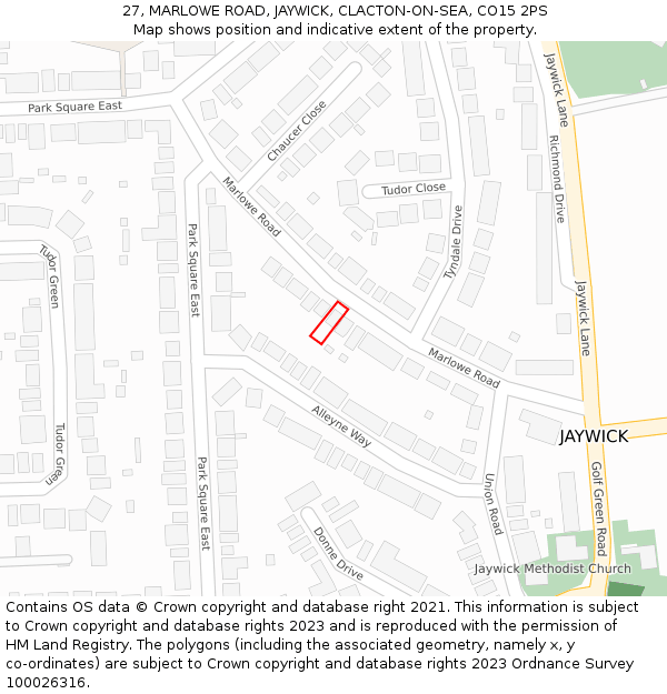 27, MARLOWE ROAD, JAYWICK, CLACTON-ON-SEA, CO15 2PS: Location map and indicative extent of plot