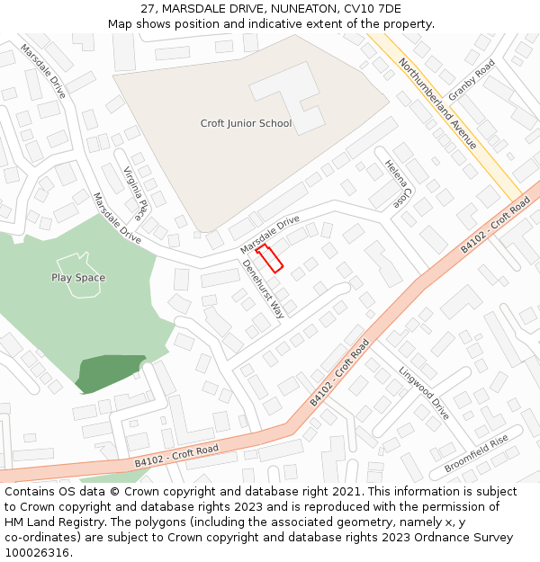 27, MARSDALE DRIVE, NUNEATON, CV10 7DE: Location map and indicative extent of plot