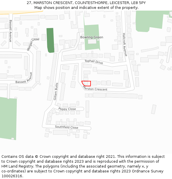 27, MARSTON CRESCENT, COUNTESTHORPE, LEICESTER, LE8 5PY: Location map and indicative extent of plot