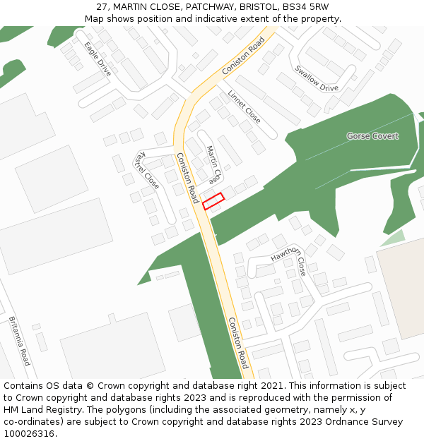 27, MARTIN CLOSE, PATCHWAY, BRISTOL, BS34 5RW: Location map and indicative extent of plot