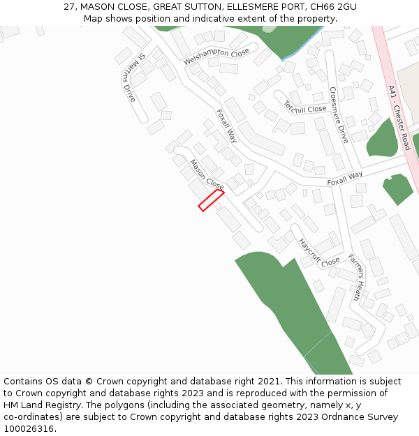 27, MASON CLOSE, GREAT SUTTON, ELLESMERE PORT, CH66 2GU: Location map and indicative extent of plot