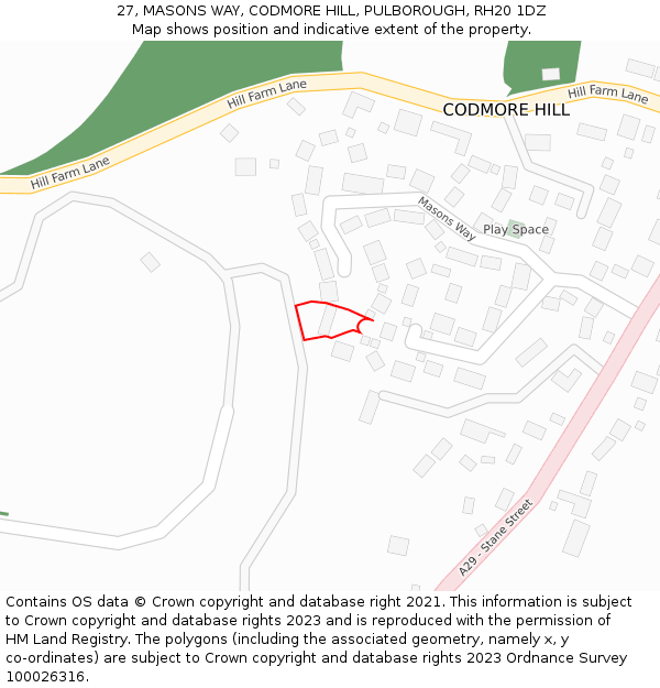 27, MASONS WAY, CODMORE HILL, PULBOROUGH, RH20 1DZ: Location map and indicative extent of plot