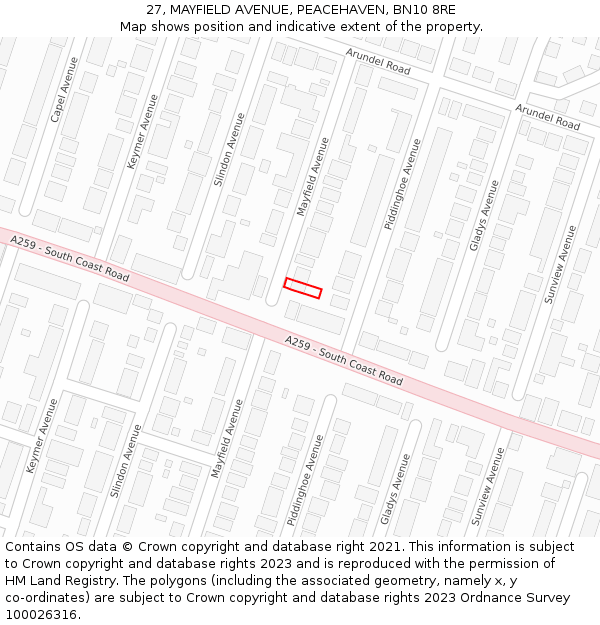 27, MAYFIELD AVENUE, PEACEHAVEN, BN10 8RE: Location map and indicative extent of plot