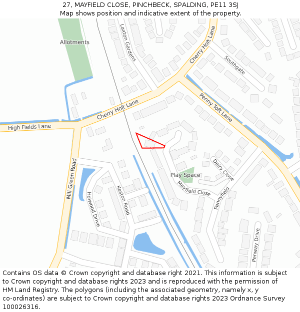 27, MAYFIELD CLOSE, PINCHBECK, SPALDING, PE11 3SJ: Location map and indicative extent of plot