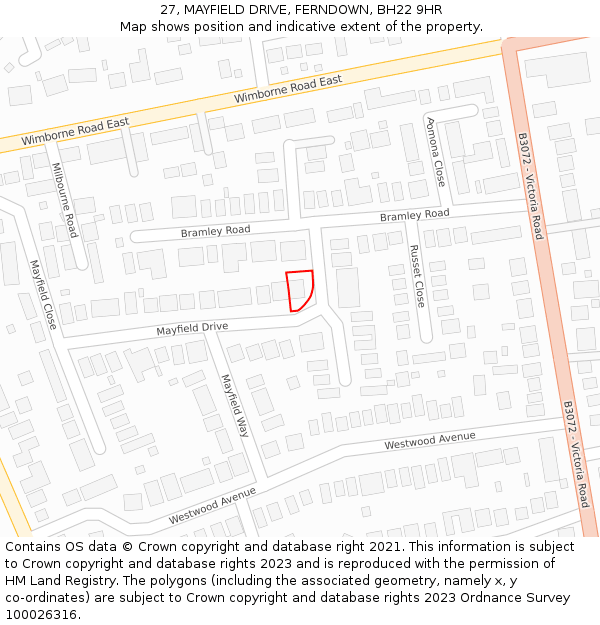 27, MAYFIELD DRIVE, FERNDOWN, BH22 9HR: Location map and indicative extent of plot