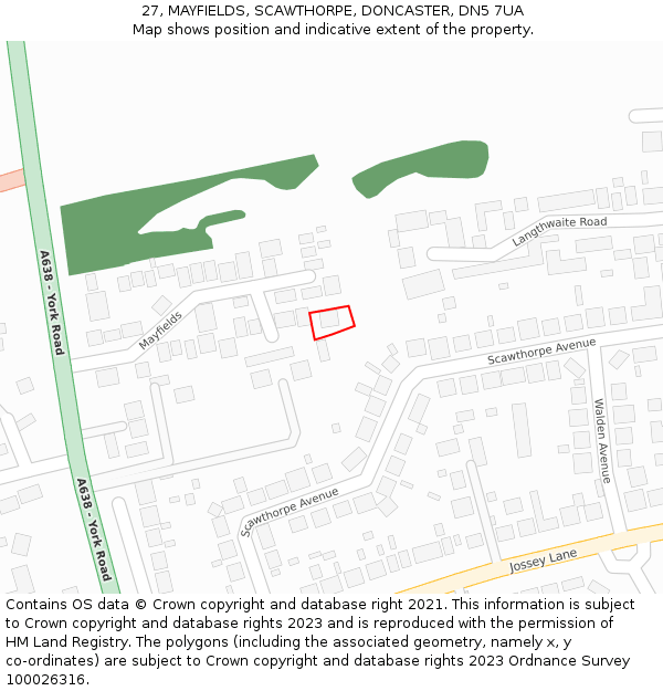 27, MAYFIELDS, SCAWTHORPE, DONCASTER, DN5 7UA: Location map and indicative extent of plot