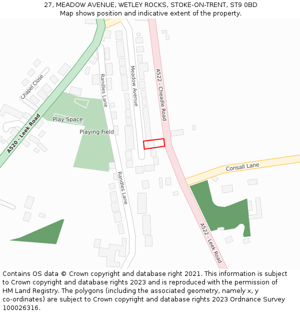 27, MEADOW AVENUE, WETLEY ROCKS, STOKE-ON-TRENT, ST9 0BD: Location map and indicative extent of plot