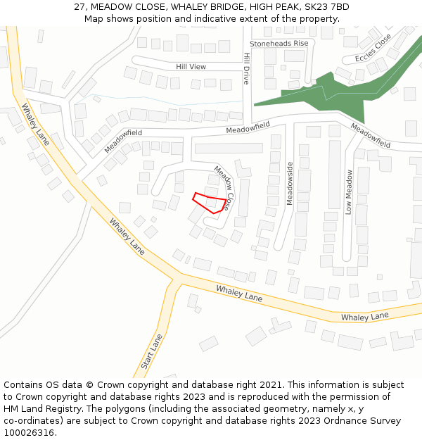 27, MEADOW CLOSE, WHALEY BRIDGE, HIGH PEAK, SK23 7BD: Location map and indicative extent of plot