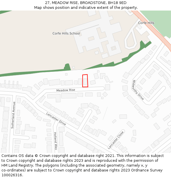 27, MEADOW RISE, BROADSTONE, BH18 9ED: Location map and indicative extent of plot