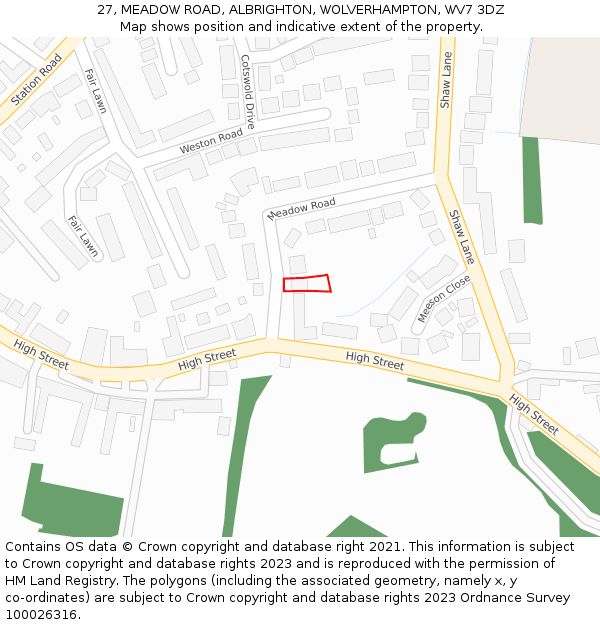 27, MEADOW ROAD, ALBRIGHTON, WOLVERHAMPTON, WV7 3DZ: Location map and indicative extent of plot