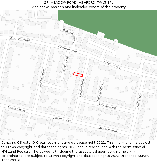 27, MEADOW ROAD, ASHFORD, TW15 1PL: Location map and indicative extent of plot