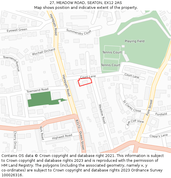 27, MEADOW ROAD, SEATON, EX12 2AS: Location map and indicative extent of plot