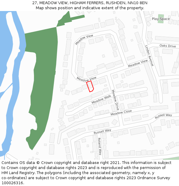 27, MEADOW VIEW, HIGHAM FERRERS, RUSHDEN, NN10 8EN: Location map and indicative extent of plot