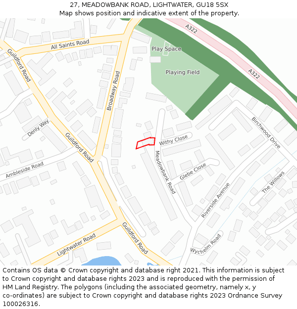 27, MEADOWBANK ROAD, LIGHTWATER, GU18 5SX: Location map and indicative extent of plot