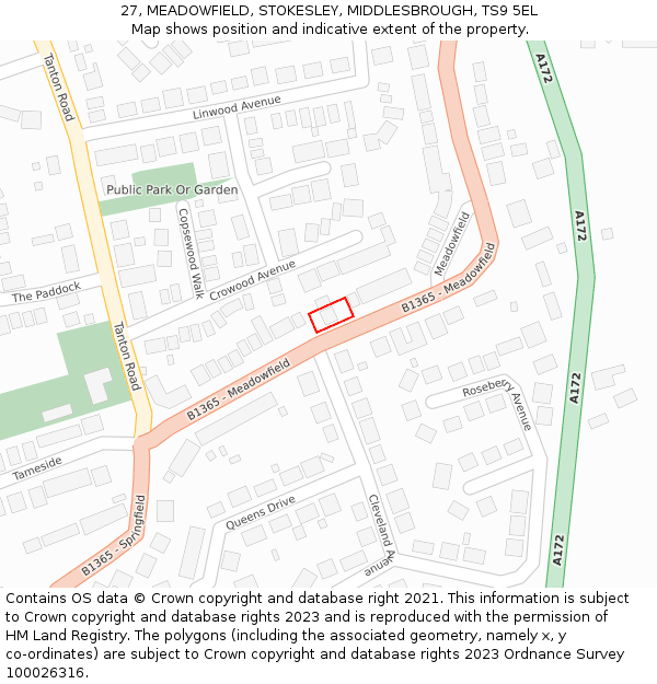 27, MEADOWFIELD, STOKESLEY, MIDDLESBROUGH, TS9 5EL: Location map and indicative extent of plot