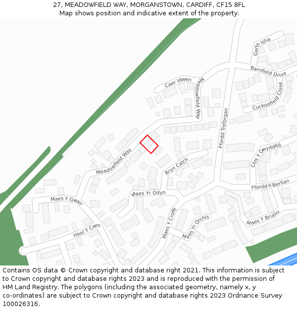 27, MEADOWFIELD WAY, MORGANSTOWN, CARDIFF, CF15 8FL: Location map and indicative extent of plot