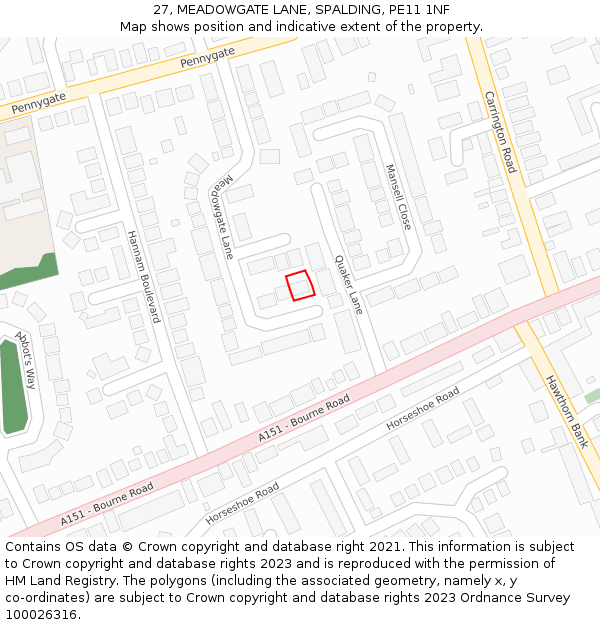 27, MEADOWGATE LANE, SPALDING, PE11 1NF: Location map and indicative extent of plot