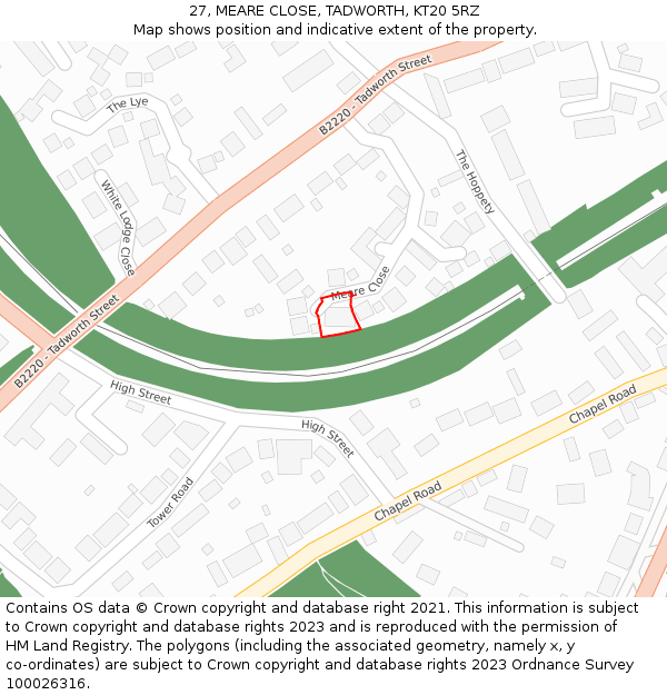 27, MEARE CLOSE, TADWORTH, KT20 5RZ: Location map and indicative extent of plot