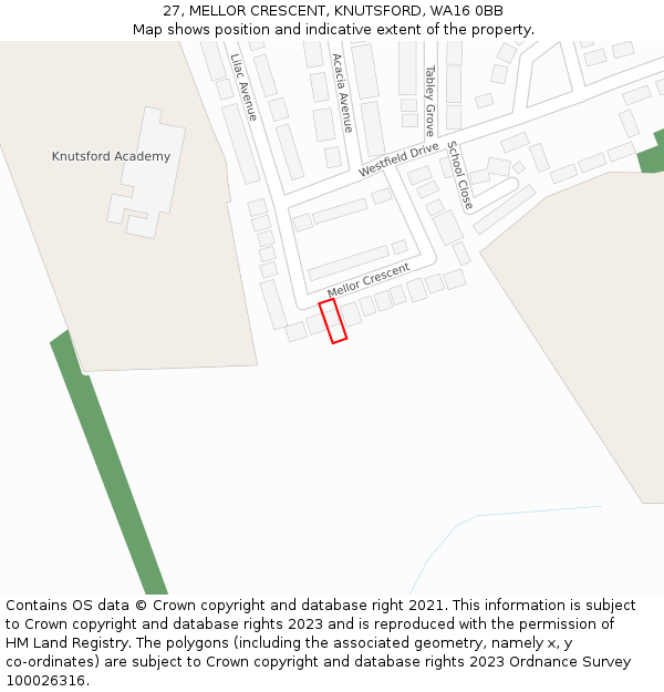 27, MELLOR CRESCENT, KNUTSFORD, WA16 0BB: Location map and indicative extent of plot