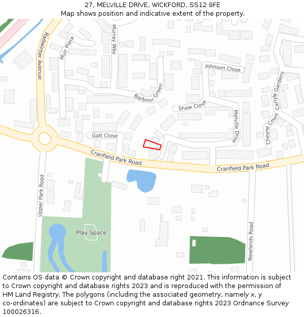 27, MELVILLE DRIVE, WICKFORD, SS12 9FE: Location map and indicative extent of plot