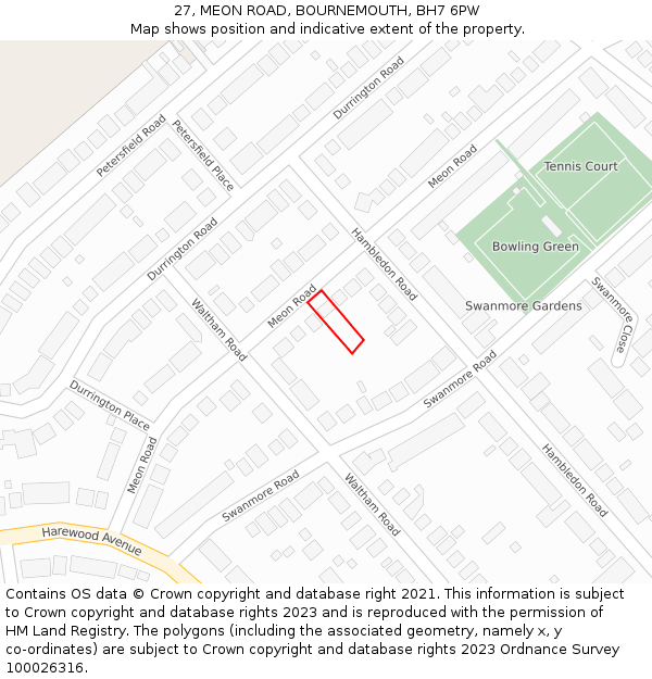 27, MEON ROAD, BOURNEMOUTH, BH7 6PW: Location map and indicative extent of plot