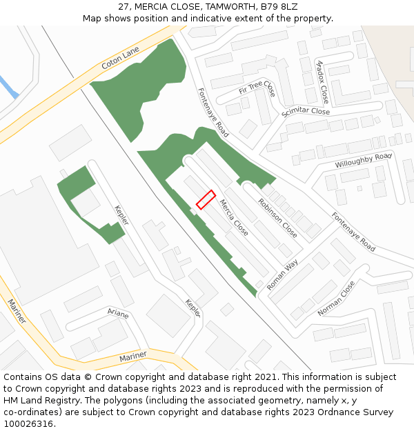 27, MERCIA CLOSE, TAMWORTH, B79 8LZ: Location map and indicative extent of plot