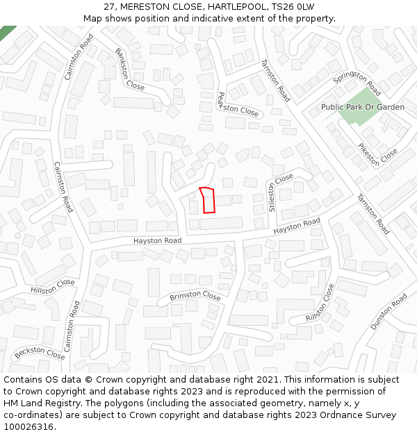 27, MERESTON CLOSE, HARTLEPOOL, TS26 0LW: Location map and indicative extent of plot