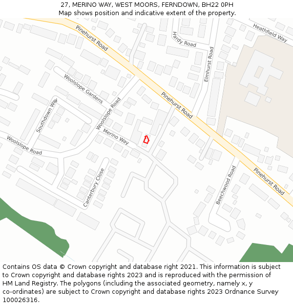 27, MERINO WAY, WEST MOORS, FERNDOWN, BH22 0PH: Location map and indicative extent of plot