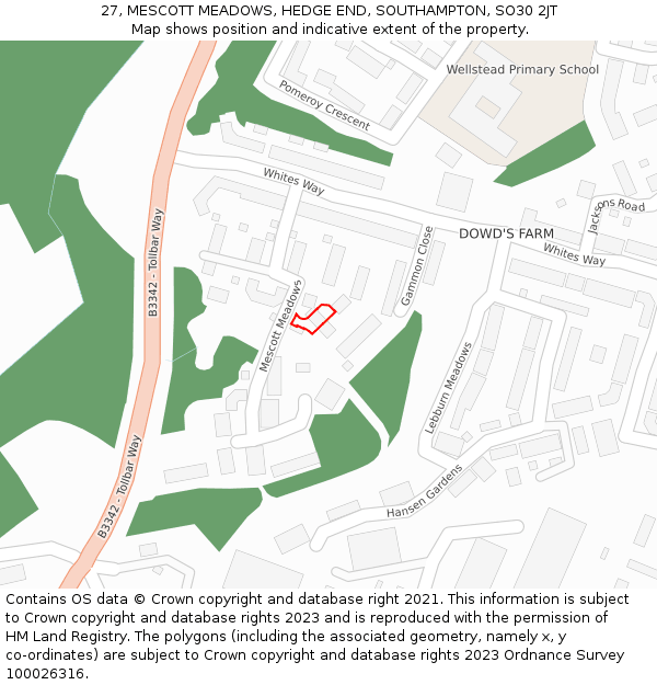 27, MESCOTT MEADOWS, HEDGE END, SOUTHAMPTON, SO30 2JT: Location map and indicative extent of plot