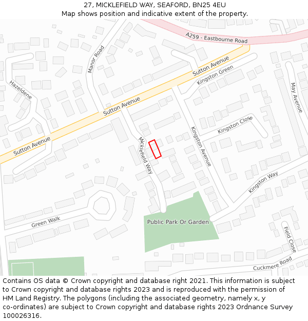 27, MICKLEFIELD WAY, SEAFORD, BN25 4EU: Location map and indicative extent of plot
