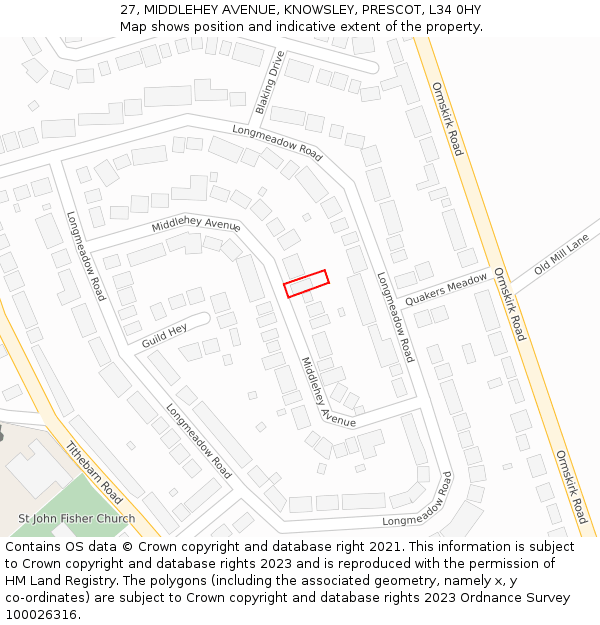 27, MIDDLEHEY AVENUE, KNOWSLEY, PRESCOT, L34 0HY: Location map and indicative extent of plot