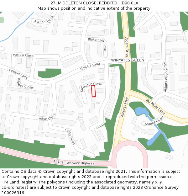 27, MIDDLETON CLOSE, REDDITCH, B98 0LX: Location map and indicative extent of plot