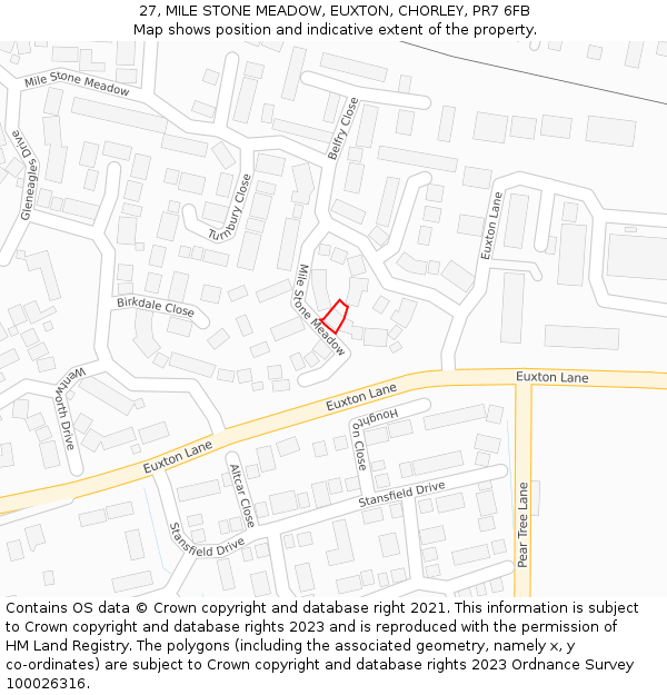 27, MILE STONE MEADOW, EUXTON, CHORLEY, PR7 6FB: Location map and indicative extent of plot