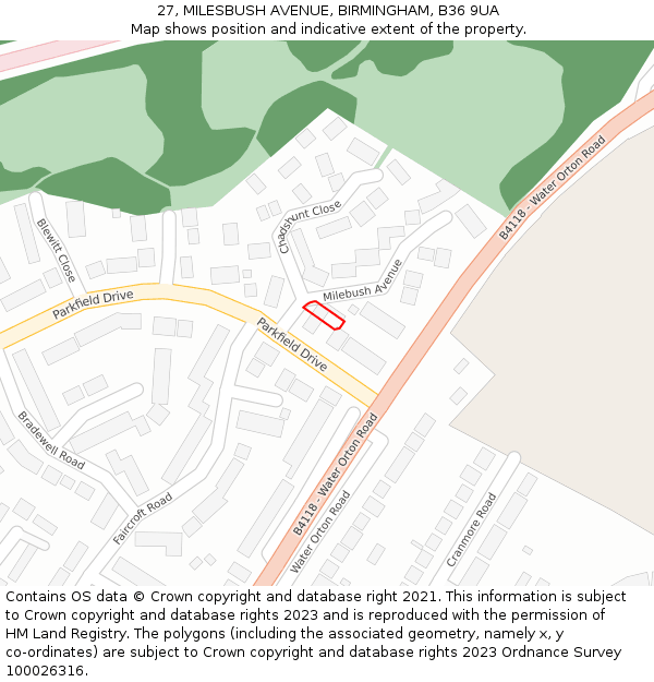 27, MILESBUSH AVENUE, BIRMINGHAM, B36 9UA: Location map and indicative extent of plot