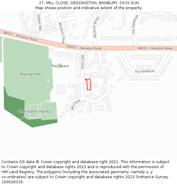 27, MILL CLOSE, DEDDINGTON, BANBURY, OX15 0UN: Location map and indicative extent of plot